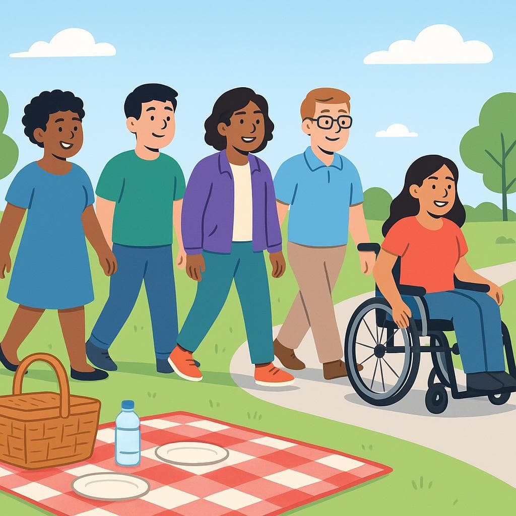 A cartoon of friends leaving a picnic to go on a walk, illustrating the phrase 'Let's go'.