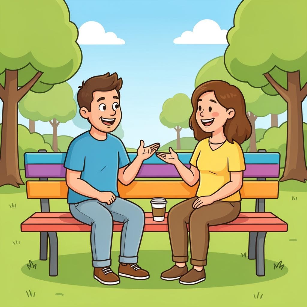 Two friends talking casually on a park bench