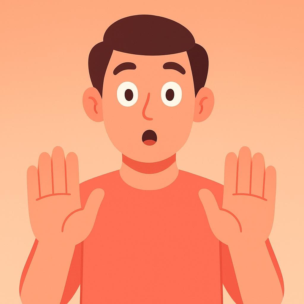 A cartoon person looking shocked and holding their hands up to say 'no way'.