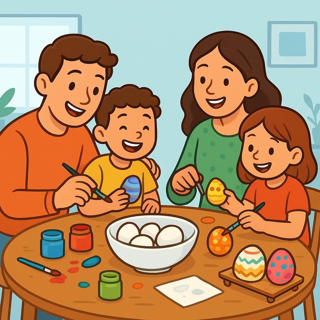 A family happily painting Easter eggs together at a table to celebrate the holiday.