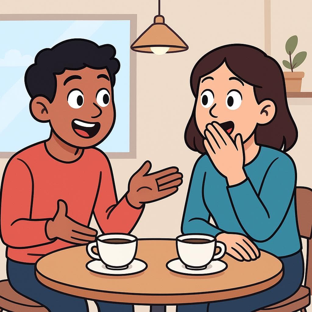 A cartoon of two people having a surprising conversation. One person looks shocked after hearing news from their friend.