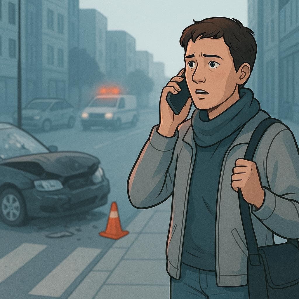 A worried person calling on a cell phone during an emergency situation on a city street.