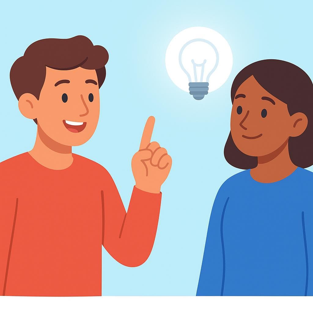 A cartoon of one person explaining a point which causes another person to have a moment of realization, shown by a lightbulb.