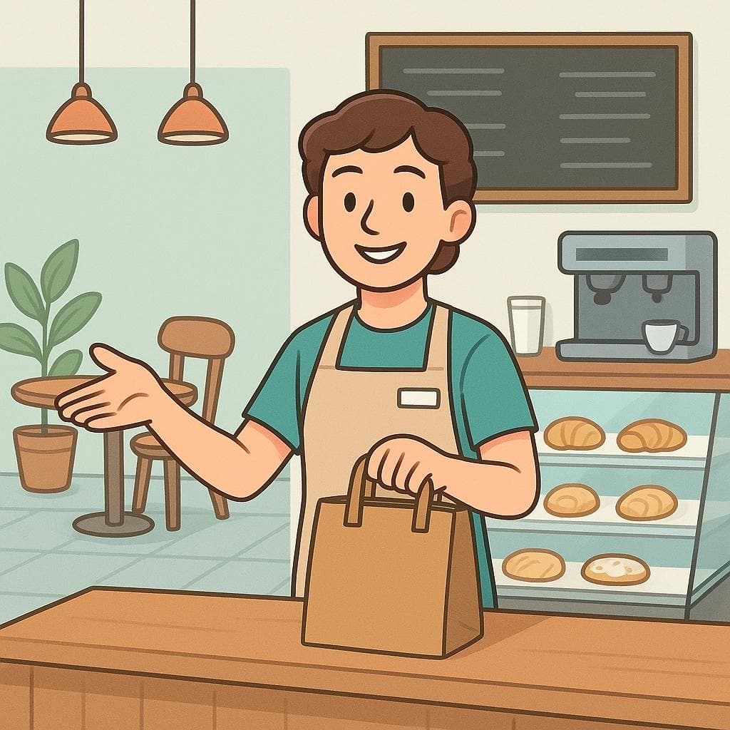 A cashier holding a takeout bag and pointing to a table, symbolizing the choice between 'for here' or 'to go'