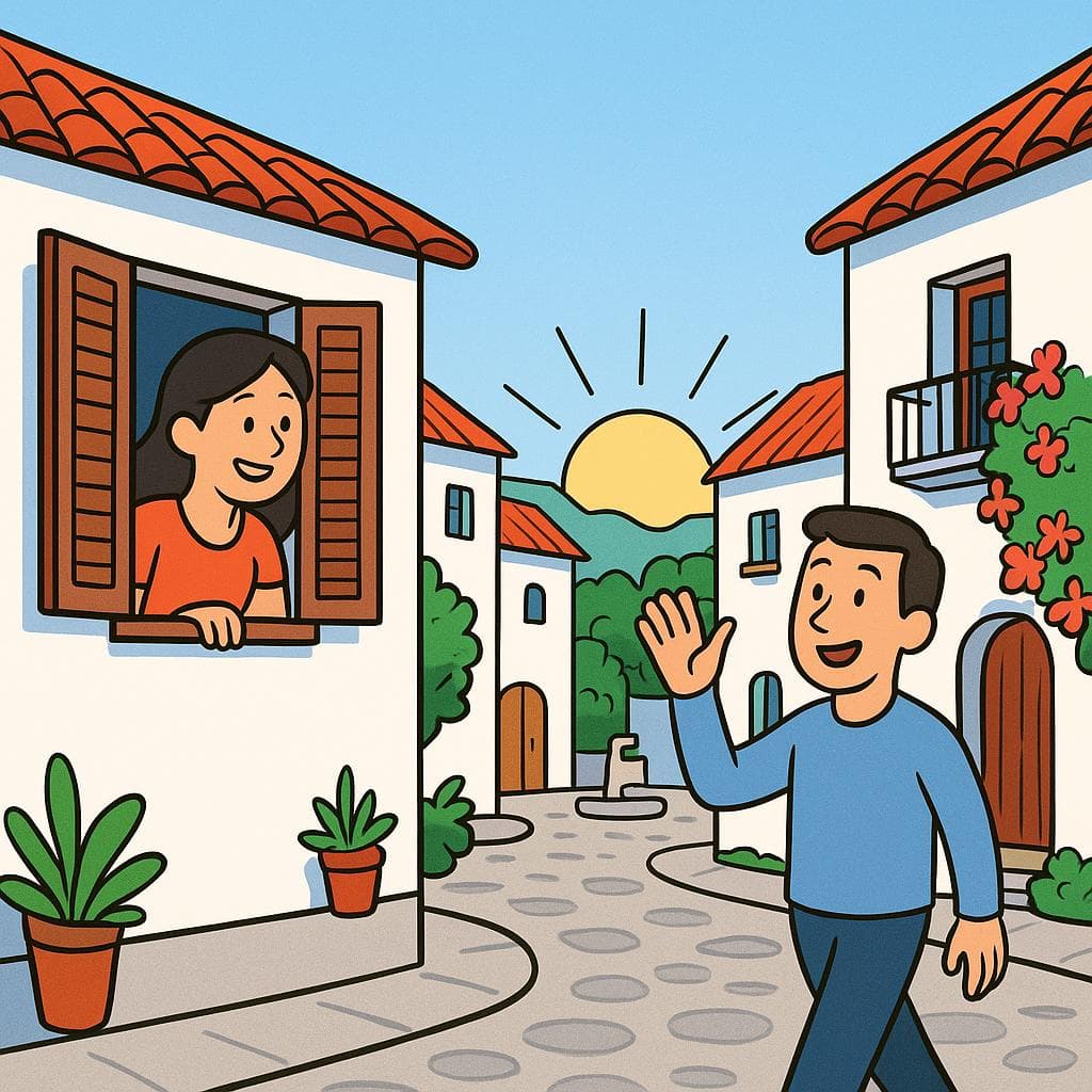 A cartoon sun rises as two neighbors cheerfully greet each other in the morning in a small town.