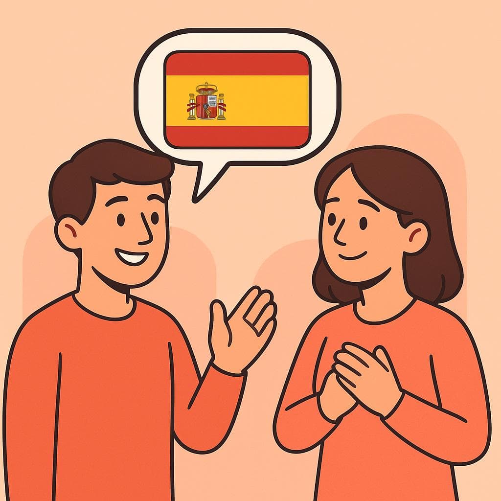 An illustration of a person telling someone they are learning Spanish, indicated by a Spanish flag in a speech bubble.