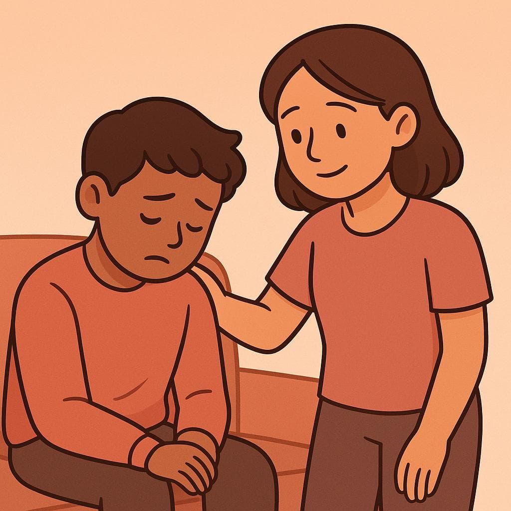 A cartoon drawing of one friend consoling another, asking if everything is okay with a look of concern.