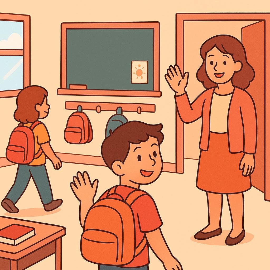 A cartoon teacher waves goodbye to students who are leaving the classroom, visually representing the concept of 'until next time'.