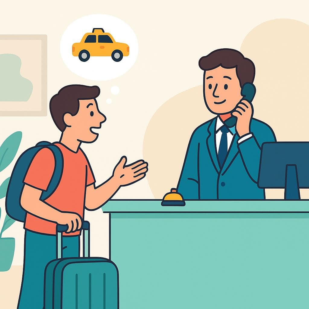 A person at a hotel front desk asking the concierge to help them get a taxi.