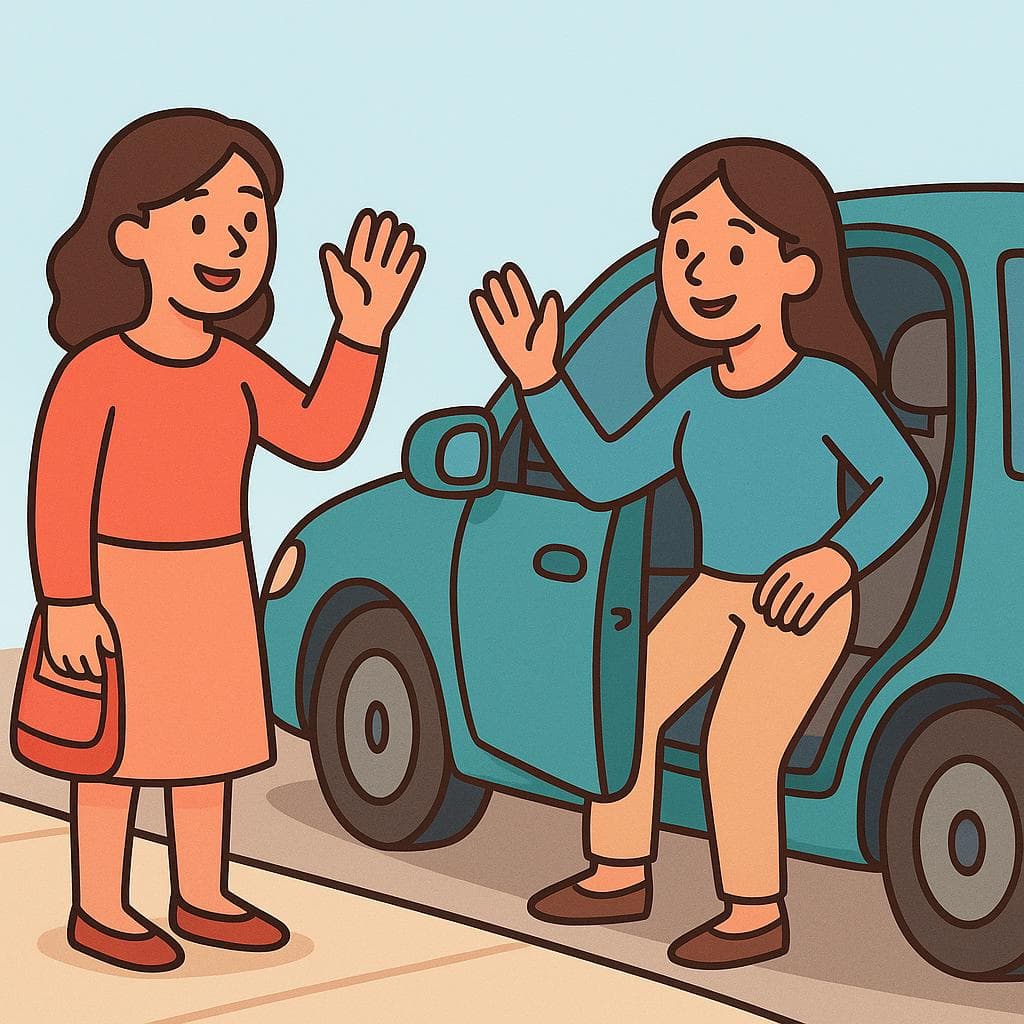 A woman waves a friendly goodbye to her friend, who is about to drive away, illustrating the phrase 'Take care'.