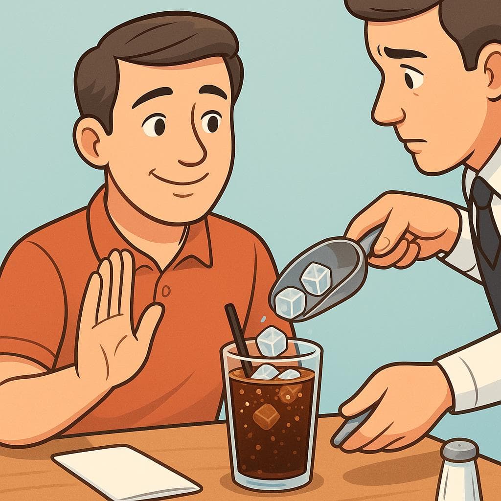 A customer at a restaurant politely gesturing 'stop' to a waiter serving ice cubes