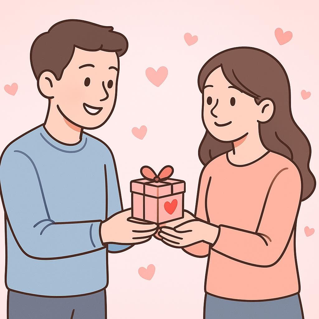 A man and a woman smiling as they exchange a Valentine's Day gift, representing the act of celebrating the holiday.