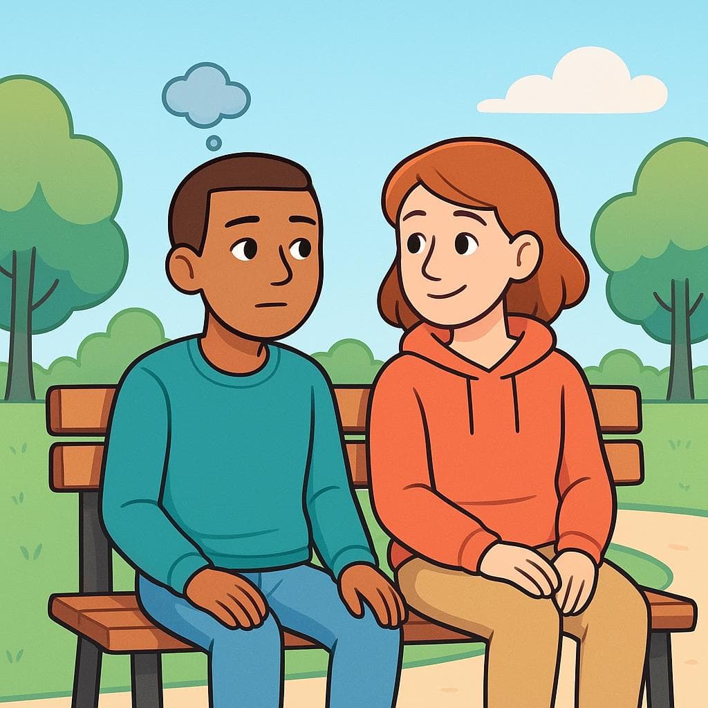 An illustration of two friends on a bench, one looking pensive and the other showing gentle concern.