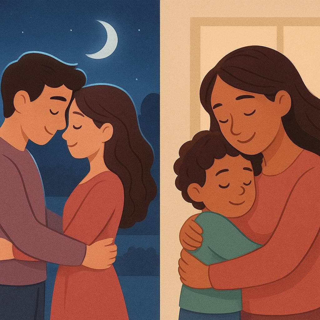 A split image showing two forms of love. One side shows a romantic couple, and the other side shows a mother and child sharing a hug.