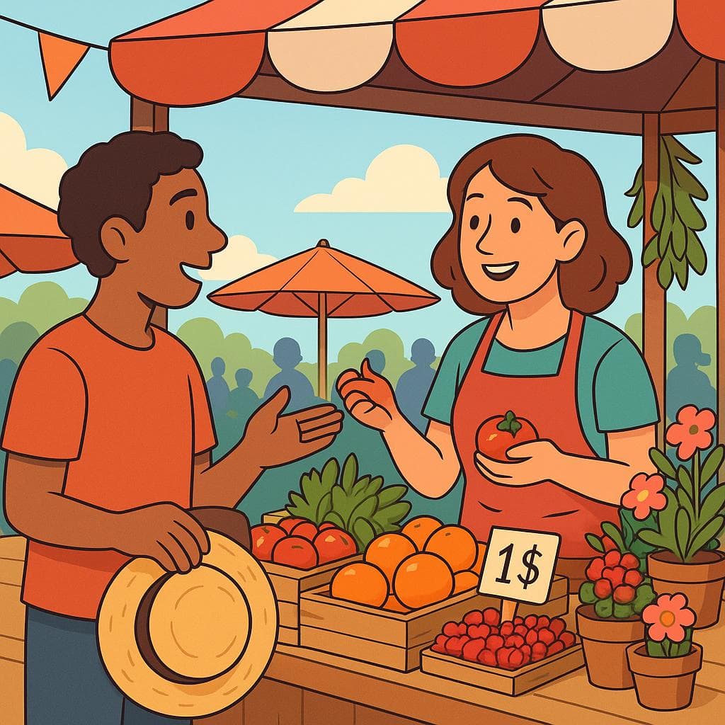 A customer asking a vendor a question in a colorful outdoor market setting