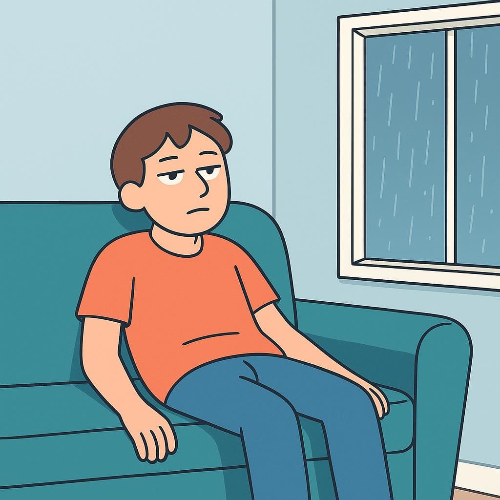 A cartoon person sitting on a sofa, looking bored, with nothing to do on a rainy day.