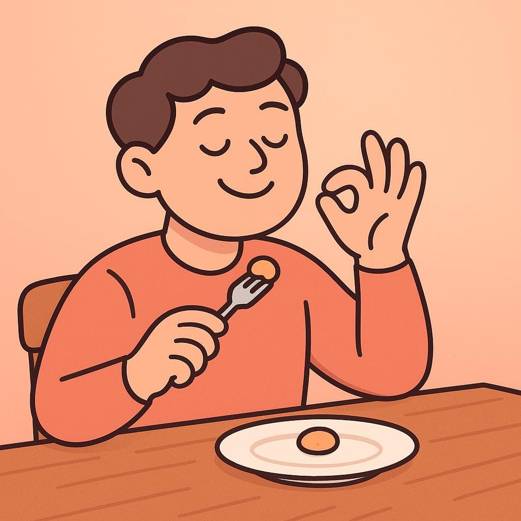 Cartoon of a happy diner making a chef's kiss gesture to show the food is delicious