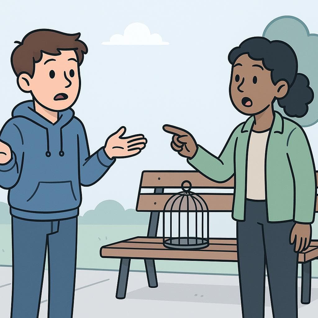 A cartoon character asking another what happened, who is pointing at an empty birdcage in surprise.