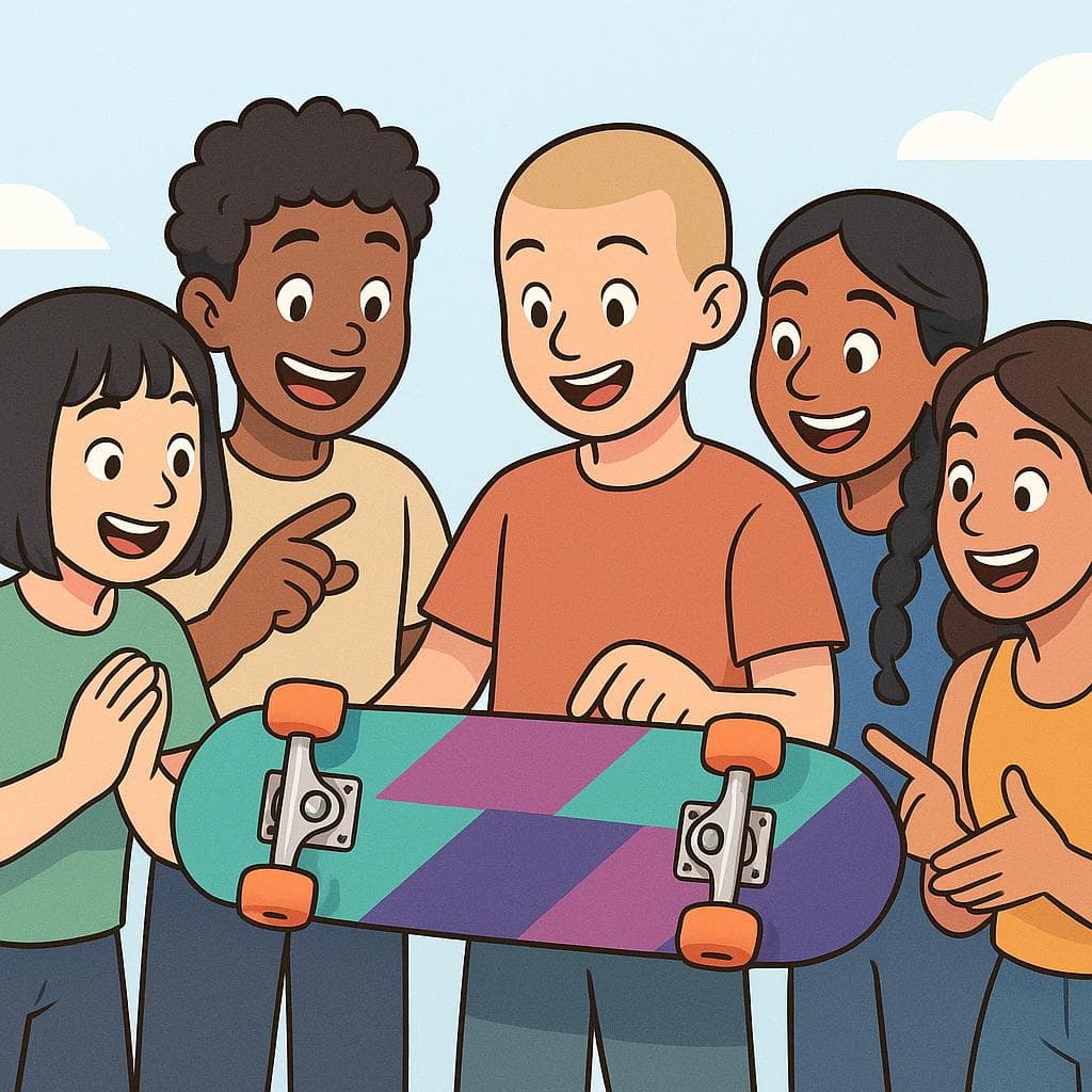An illustration of several friends admiring a new skateboard, representing the idea of something being 'cool'.
