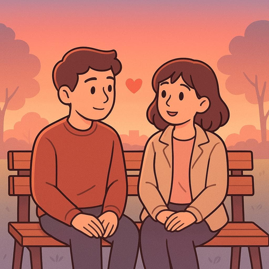 A cartoon drawing of a romantic couple on a bench. One person is confessing their love to the other under a sunset sky.