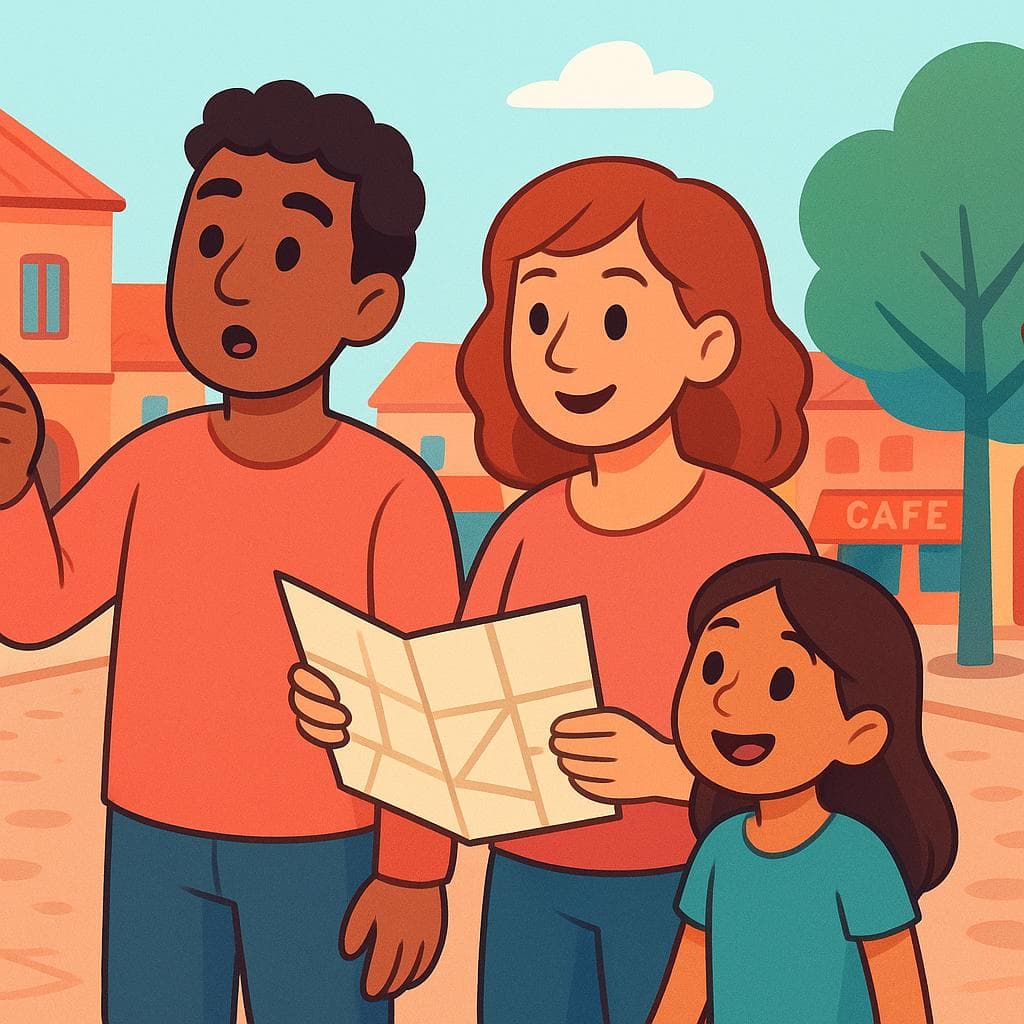 A cartoon family with a map, looking for directions in a town square.