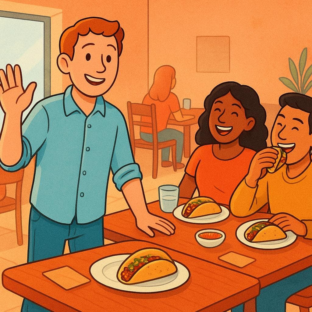 A diner standing up and greeting other customers at a restaurant