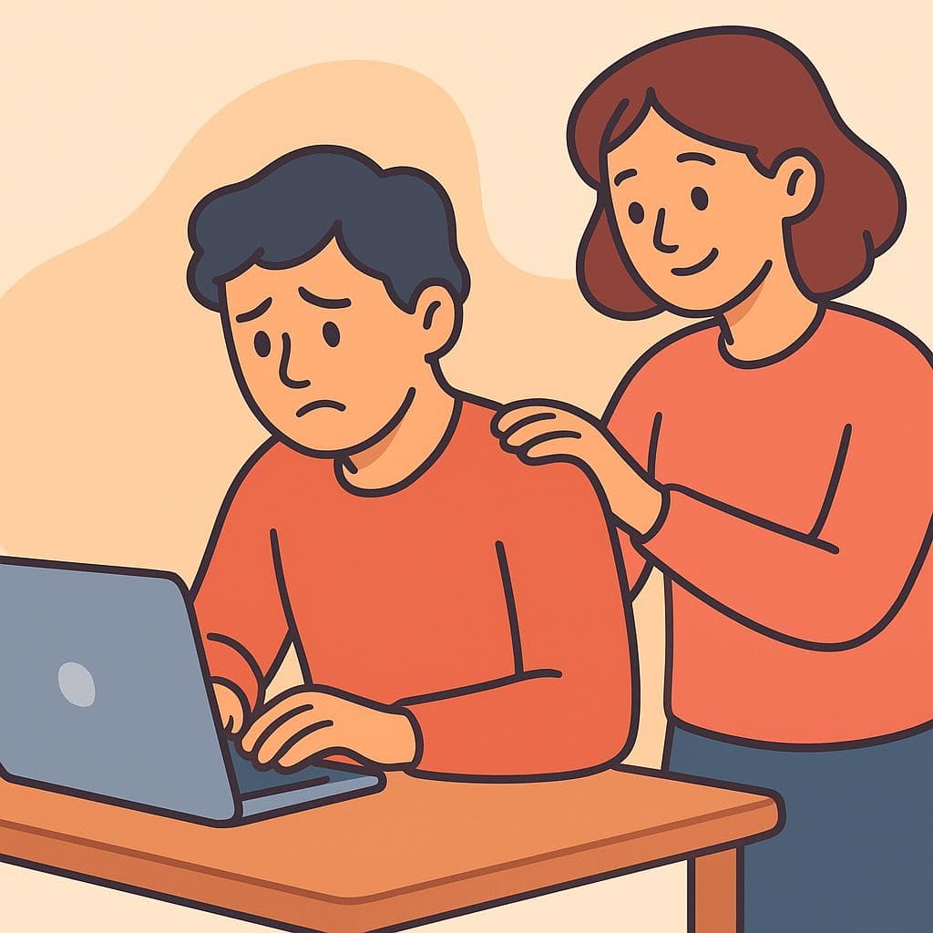 A cartoon of one person comforting a stressed friend at a desk.