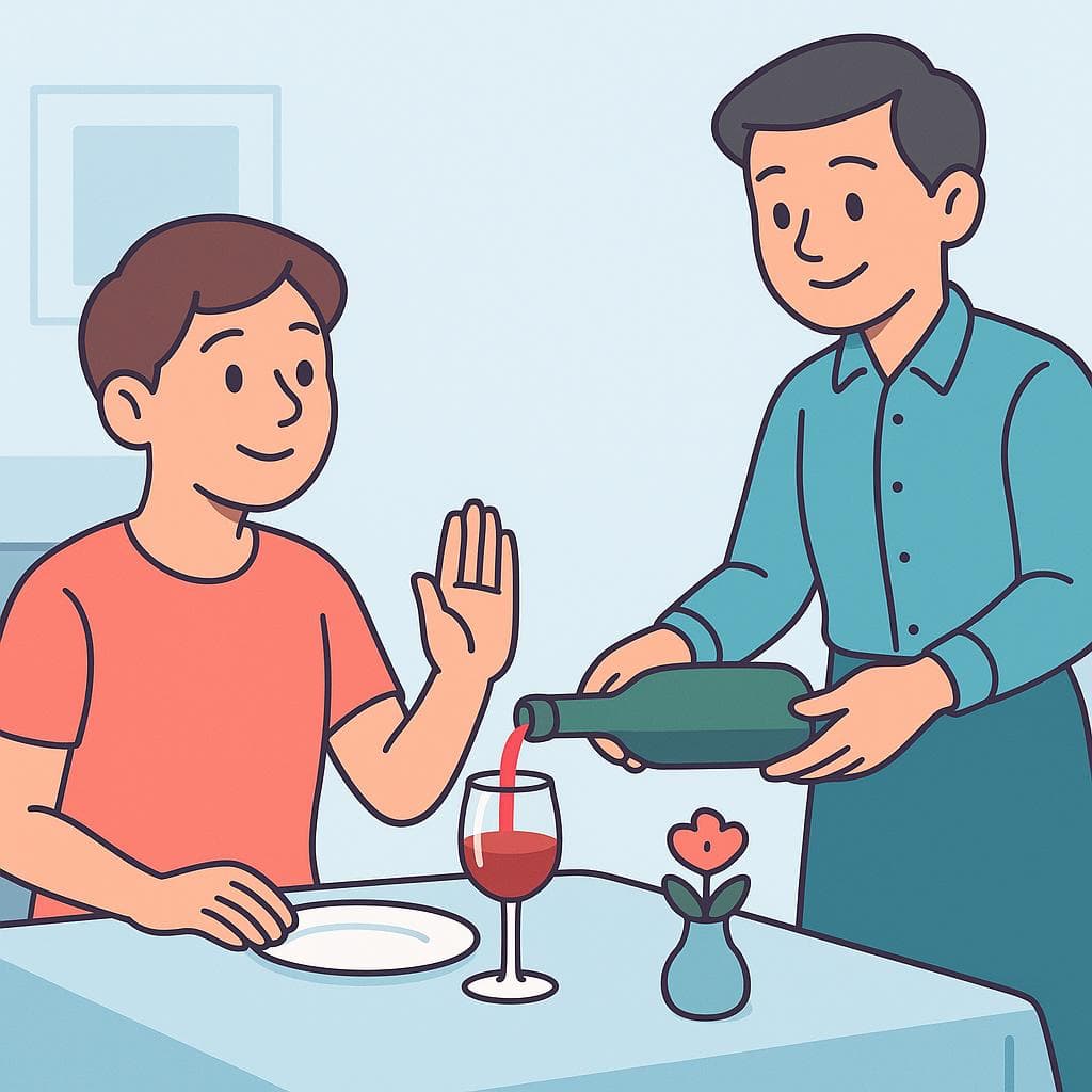 A person politely signaling 'stop' to a server pouring wine, demonstrating how to say 'that's enough' in a common situation.