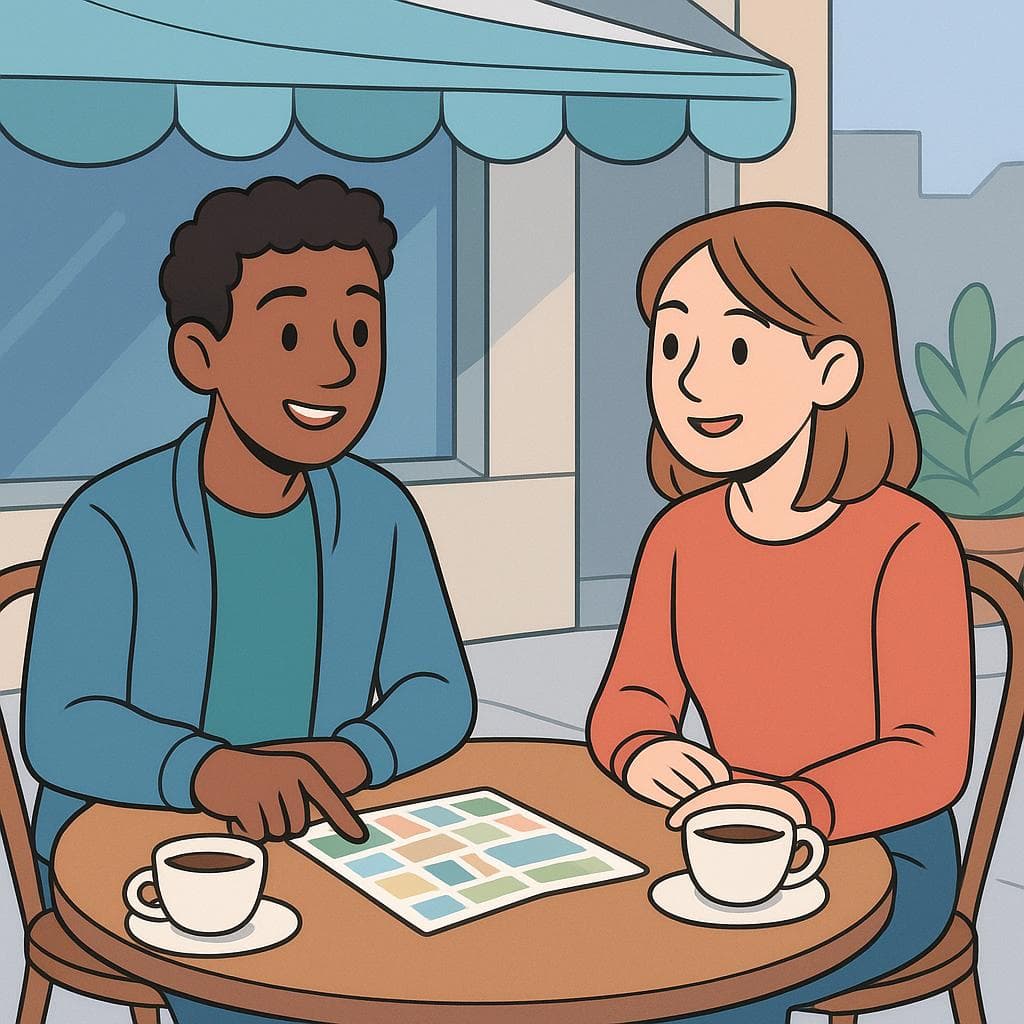 A cartoon of two friends at a cafe, one pointing to a city map while talking to the other, visually representing a conversation about where someone lives.