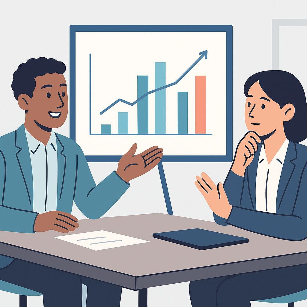 A cartoon of two colleagues in a meeting. One is politely disagreeing with the other's presentation by raising a hand to speak.