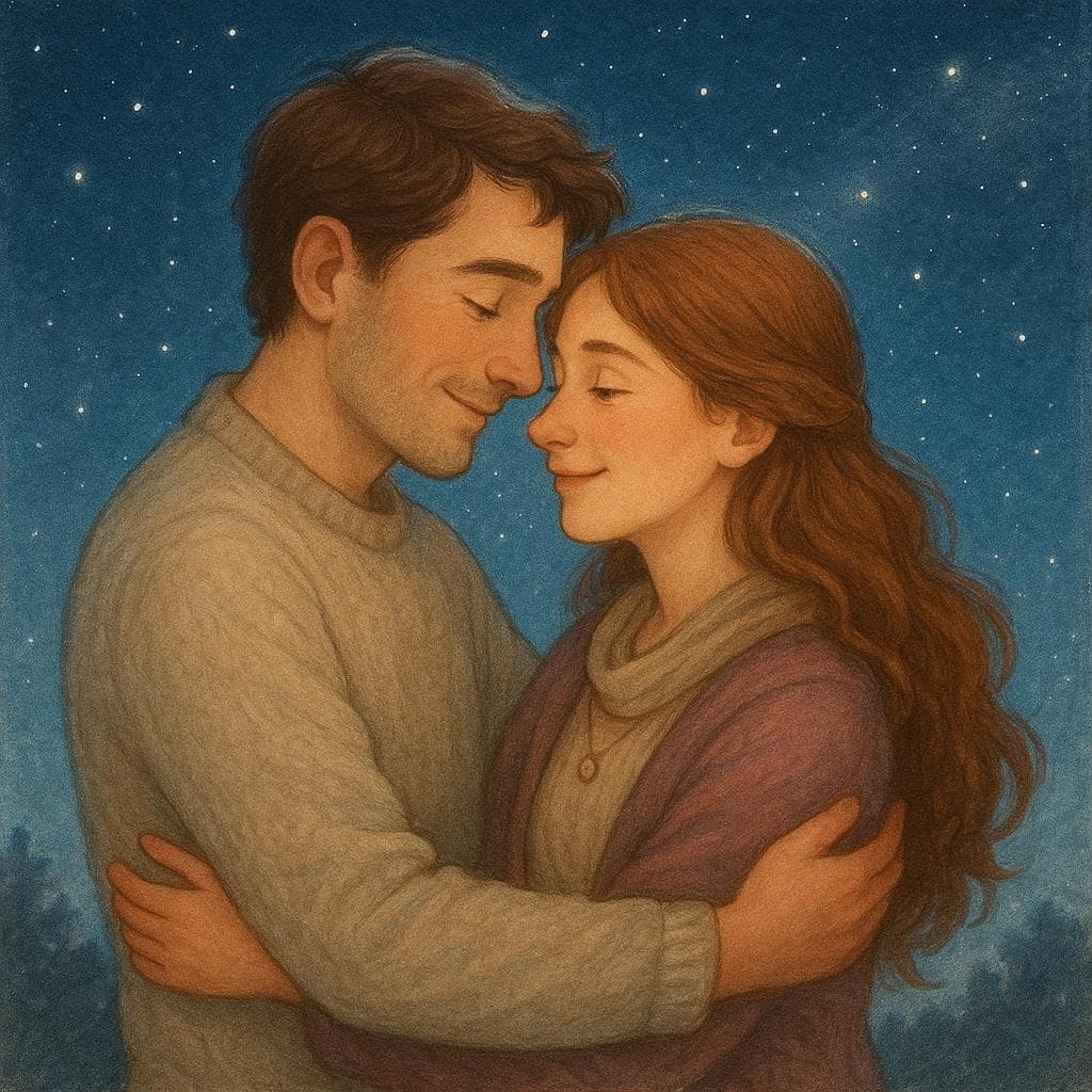 A couple in a loving embrace under the stars, representing the deep emotional connection of the phrase 'You are my everything'.