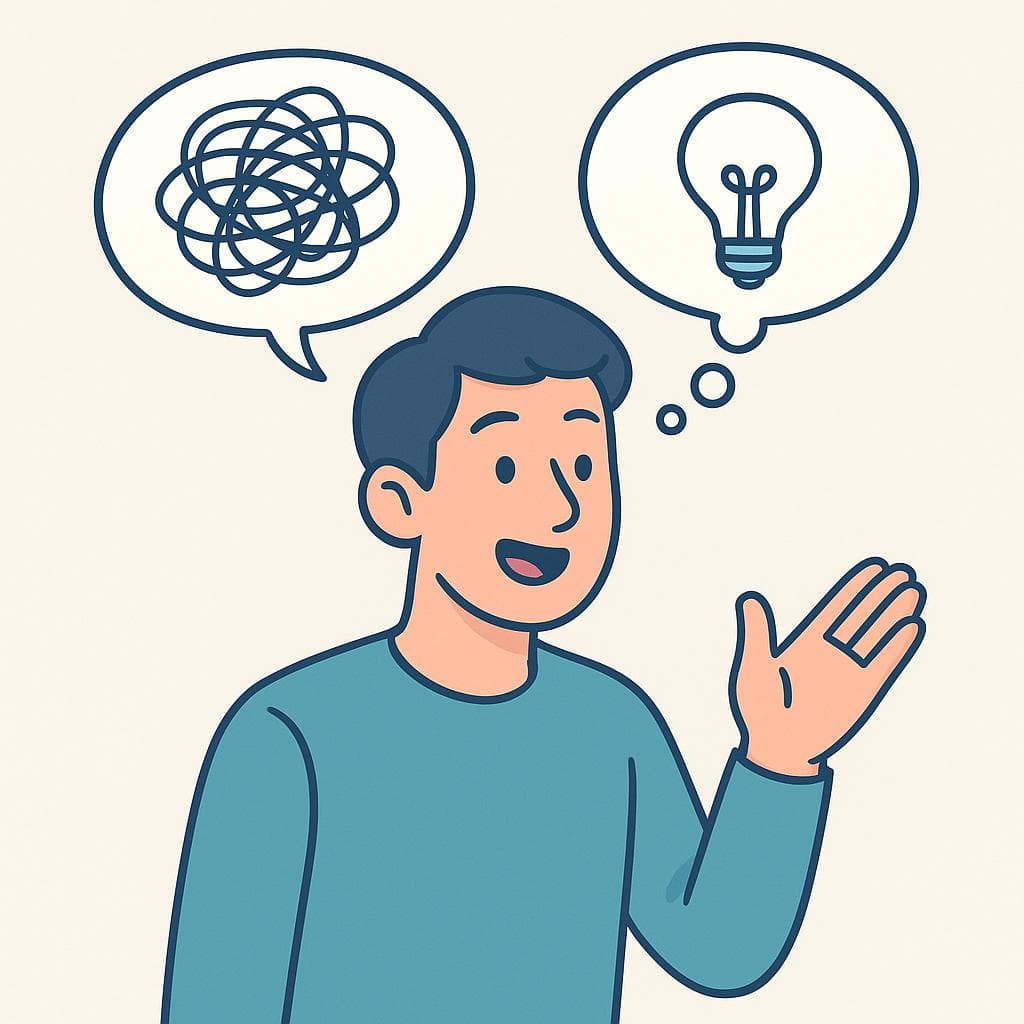 A cartoon person clarifying a confusing thought into a clear idea, representing the phrase 'I mean'.