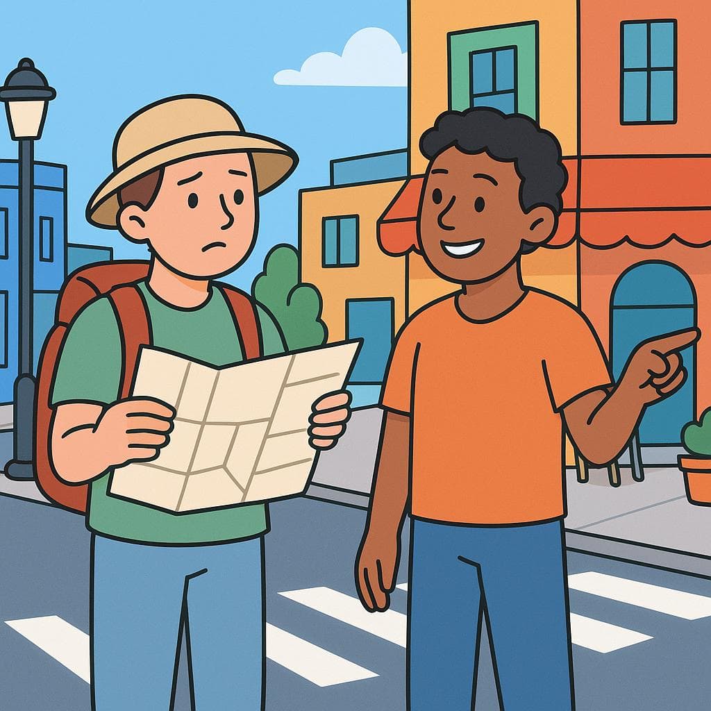 A cartoon illustration of a traveler asking a local person for directions on a city street.