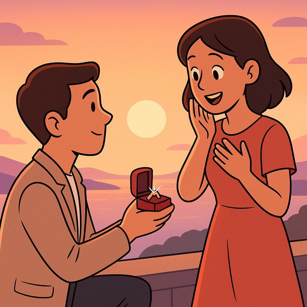 An illustration of a marriage proposal, with one person on one knee offering a ring to their partner.