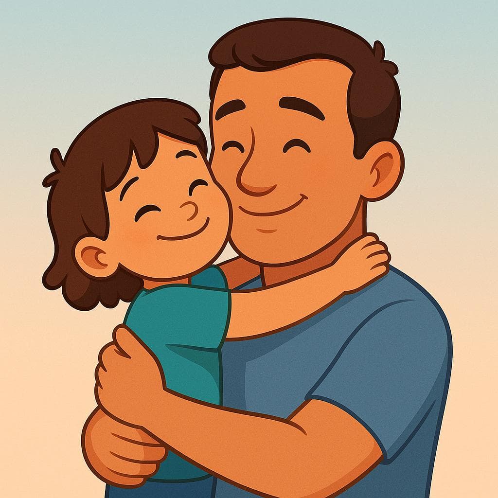 A cartoon child hugging their smiling father.