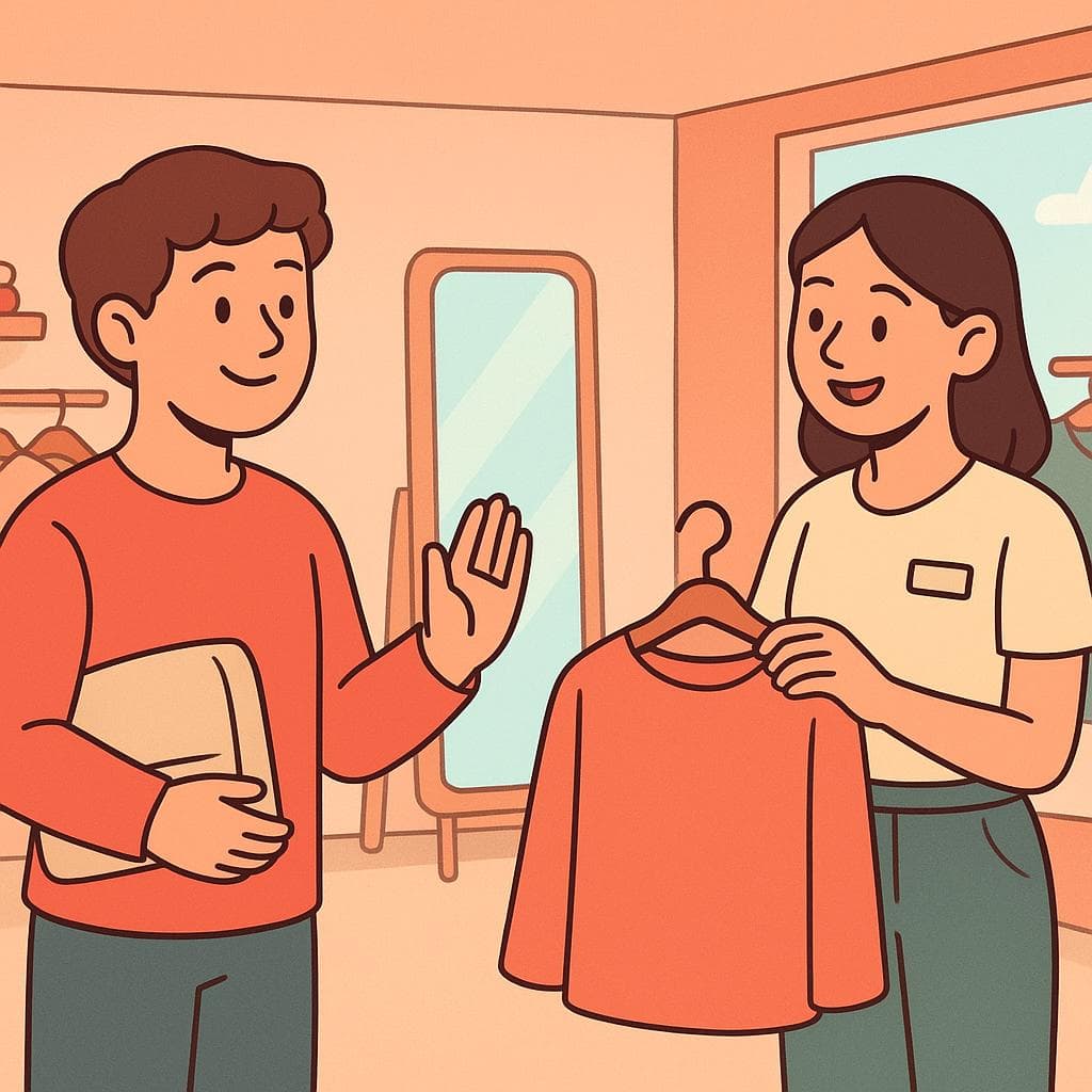 A customer smiling at a shop assistant to indicate they are just browsing