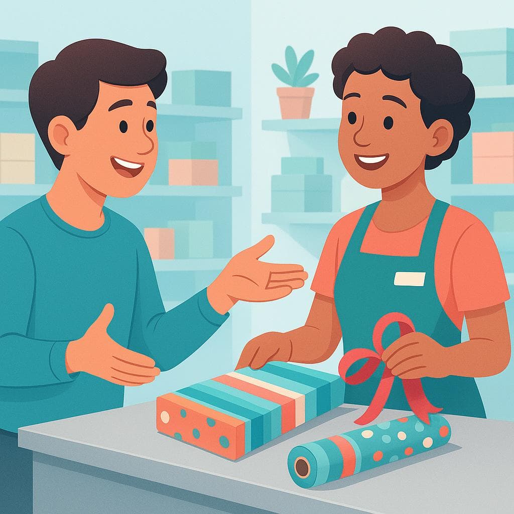 A customer at a store counter asking a cashier to wrap an item as a gift