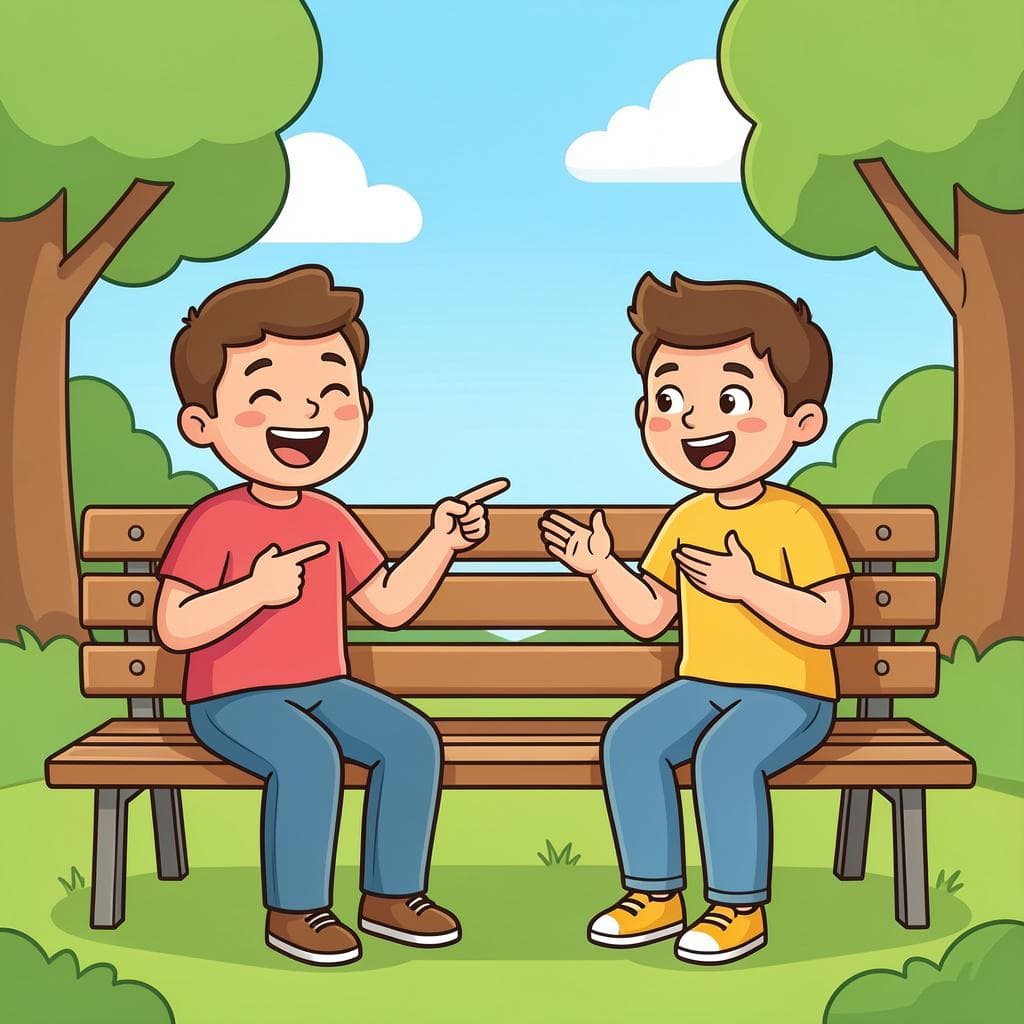 Two friends laughing together in a park while one tells a story.