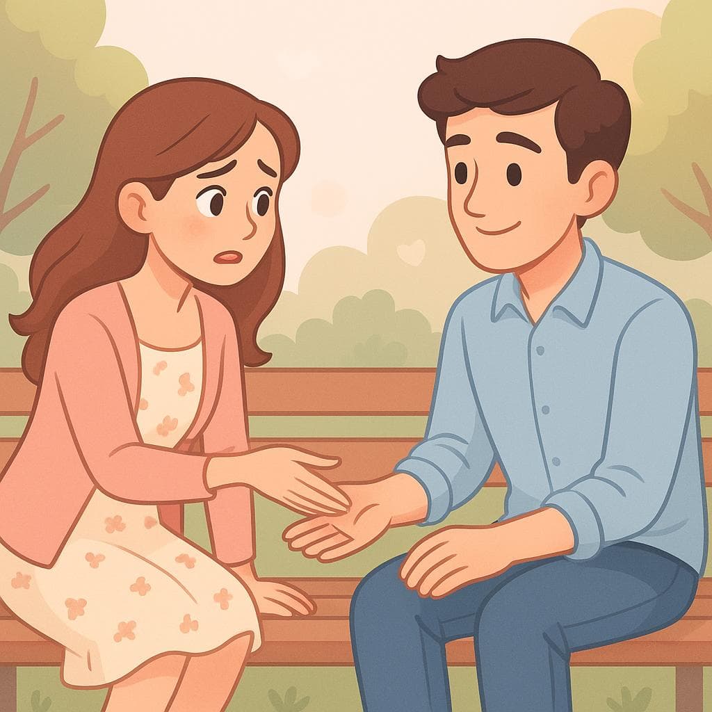 A cartoon of a woman asking a man to be her boyfriend while sitting on a park bench.