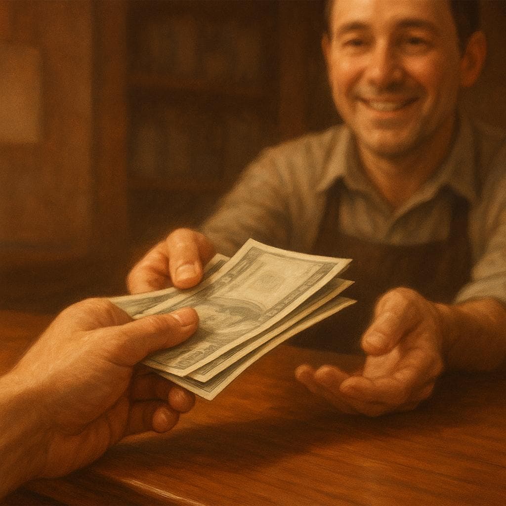 A close-up illustration of a customer handing cash bills to a shopkeeper at a counter.