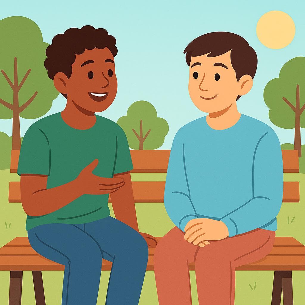 An illustration of two people having a friendly conversation on a park bench, representing the act of asking about hobbies to get to know someone.