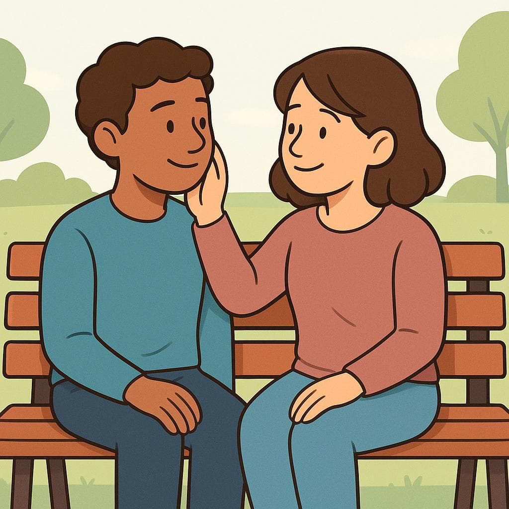 A cartoon drawing of a romantic couple on a bench, one lovingly touching the other's face, representing the phrase 'my love'.