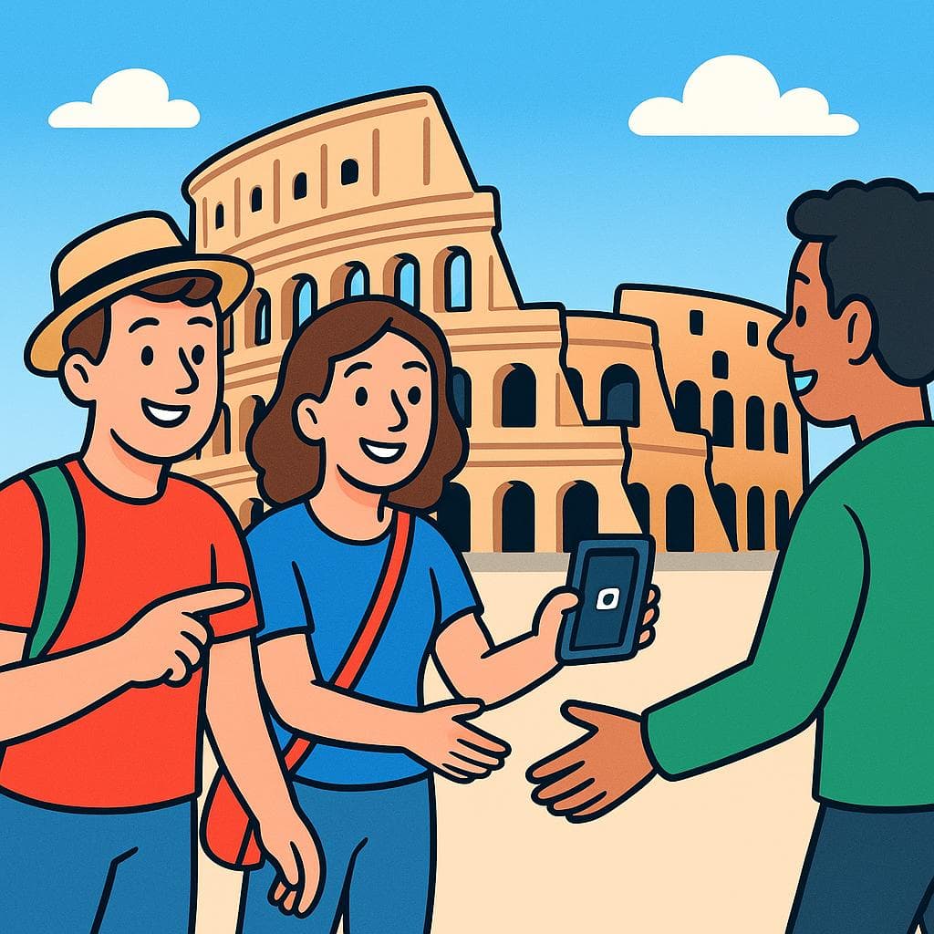A cartoon couple asking a stranger to take their picture with a smartphone in front of a tourist landmark.