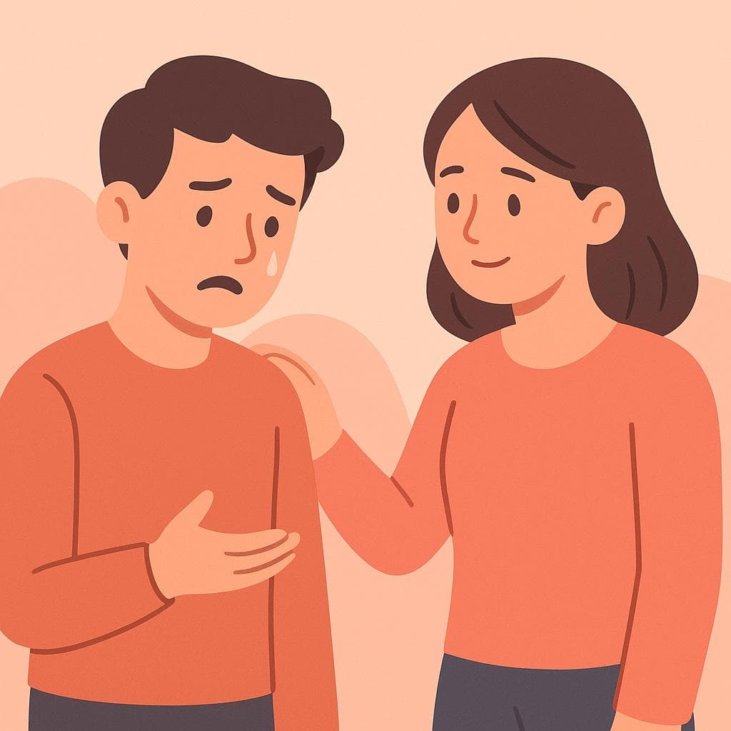 A cartoon character consoling a sad friend, showing sympathy and understanding.