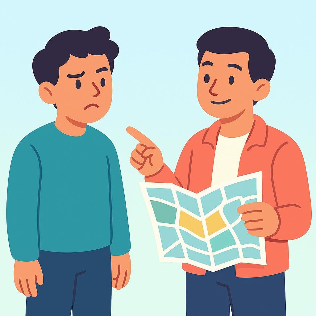 A cartoon character asking another character, who is holding a map, 'Are you sure?' with a skeptical look on their face.