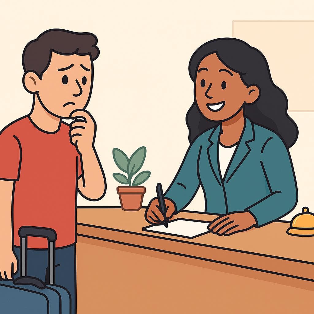 A cartoon tourist asking a hotel receptionist for clarification, who is ready to write down the information.
