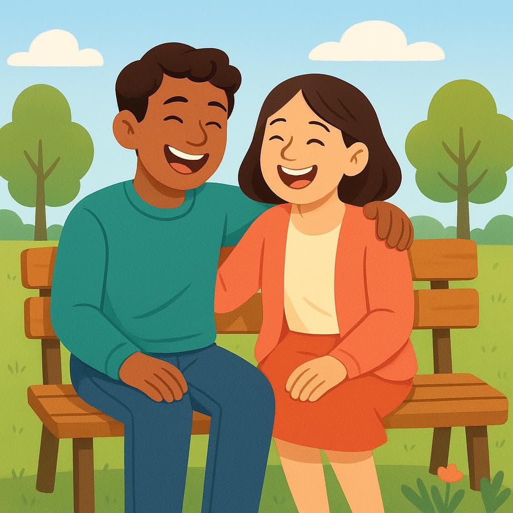 A cartoon illustration of a male and a female best friend laughing together on a park bench, showing a strong platonic bond.
