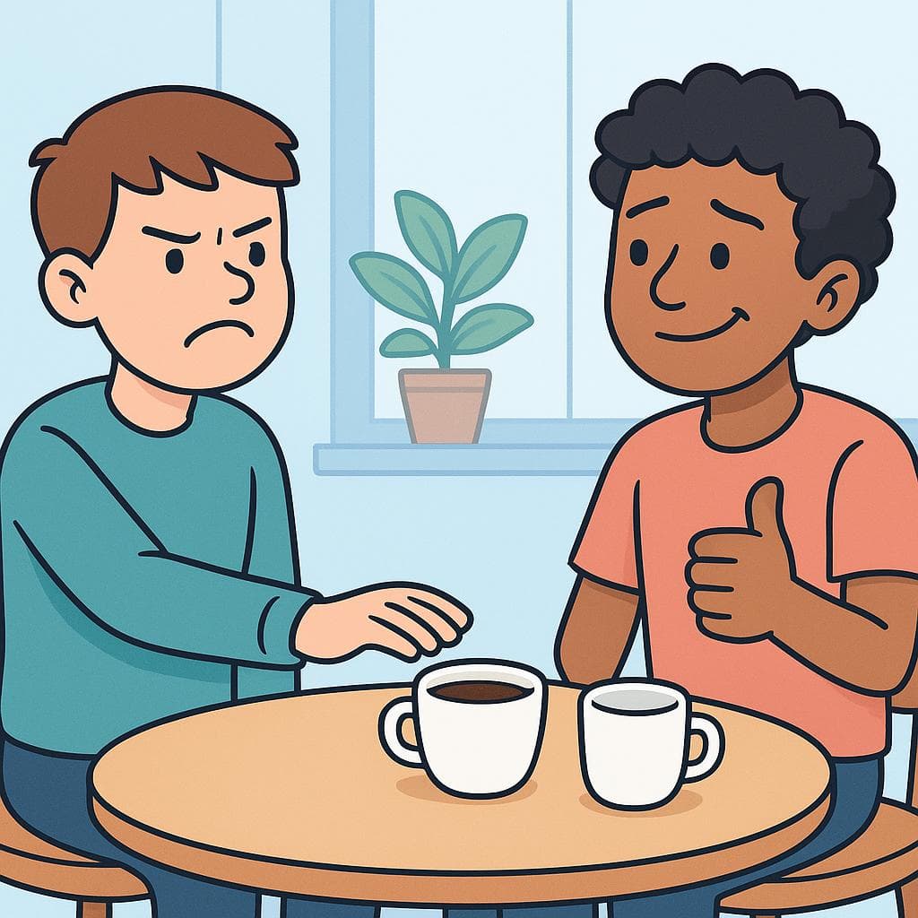 A cartoon of two friends at a table, both showing their shared dislike for black coffee.