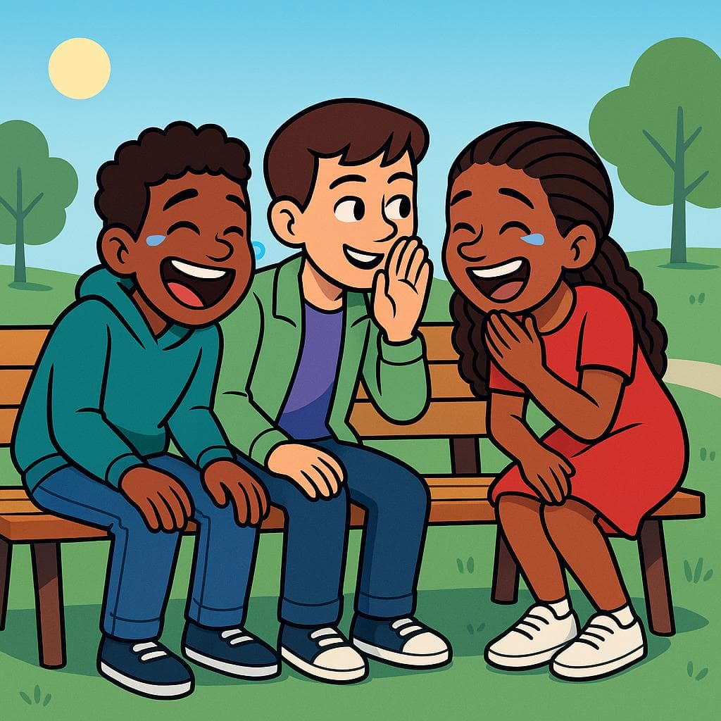 A cartoon of three friends on a park bench laughing uncontrollably, illustrating the concept of laughing out loud.