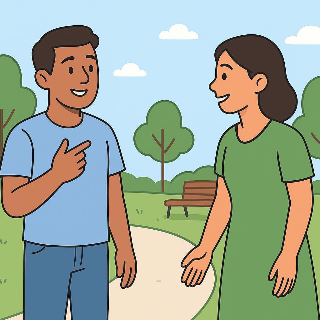An illustration of two new acquaintances introducing themselves in a friendly manner in a park setting.